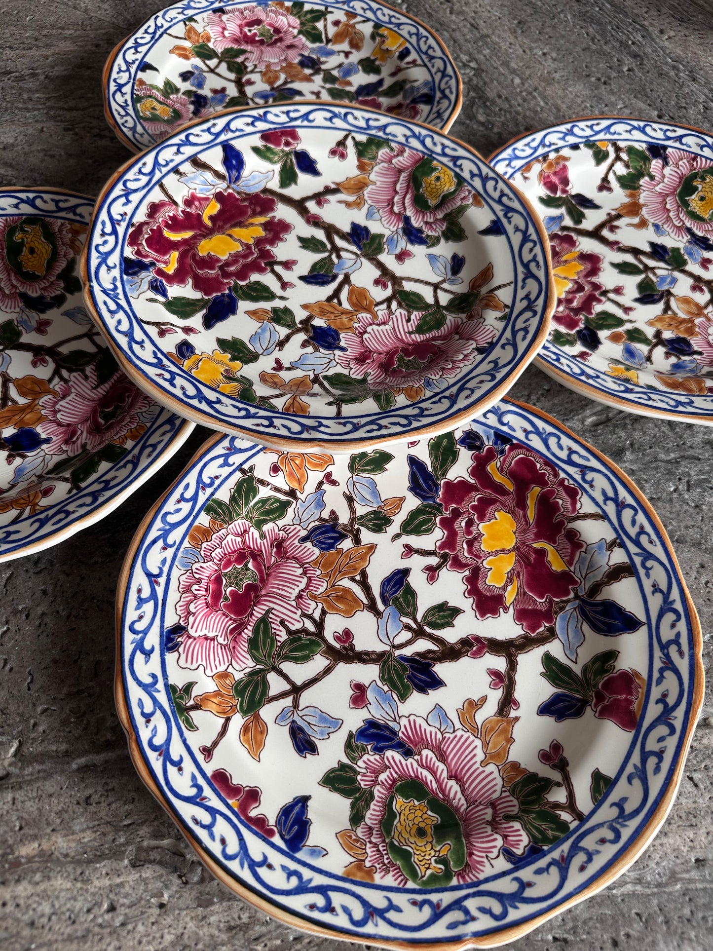 Assiettes à dessert Gien ancien 1938 Décor Pivoines